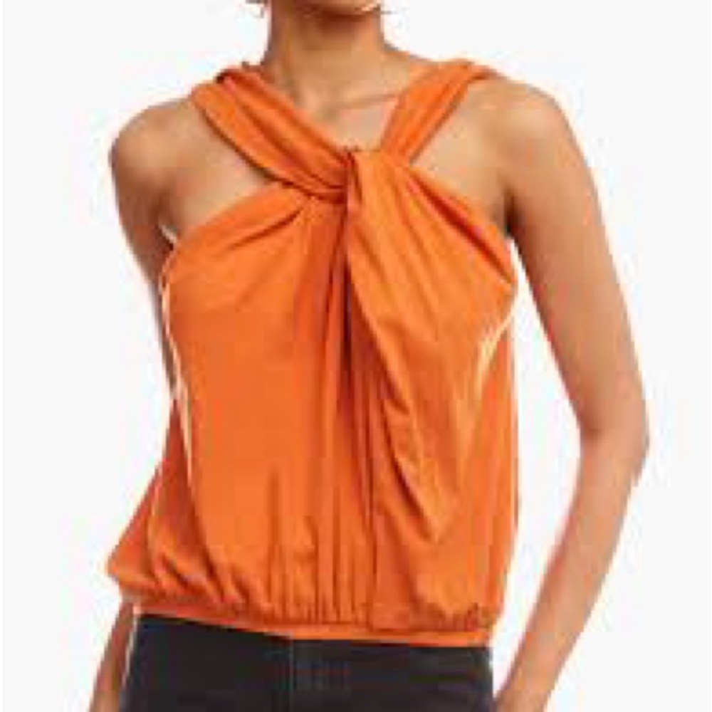 Zara Twist Neckline Balloon Top Women sz S Orange Elastic Waist Cotton Linen